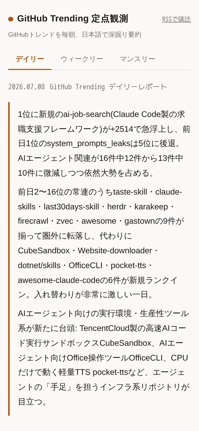 GitHub Trending 定点観測のスマホ表示